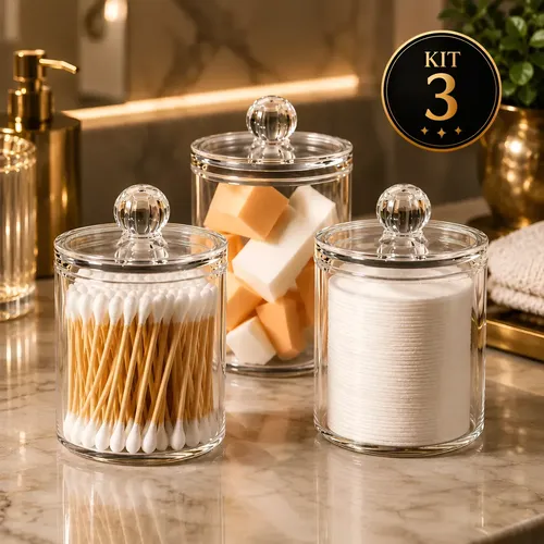 Kit com três recipientes transparentes com tampa e puxador, exibidos com algodão, cotonetes e esponjas